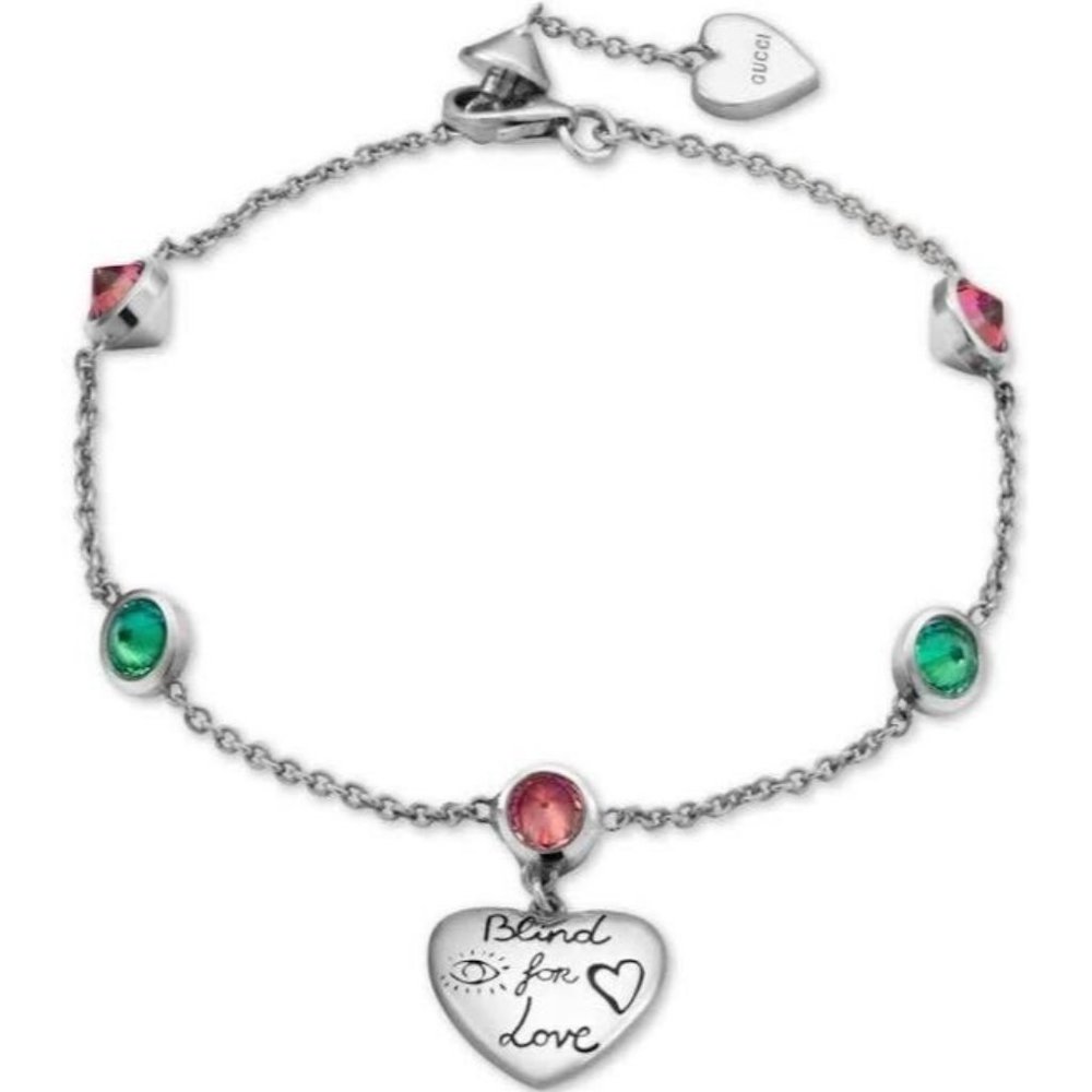 NEW GUCCI Bracelet Chain Blind for Love Heart Pink Green Bijou Silver Ag925 17 - Picture 2 of 6